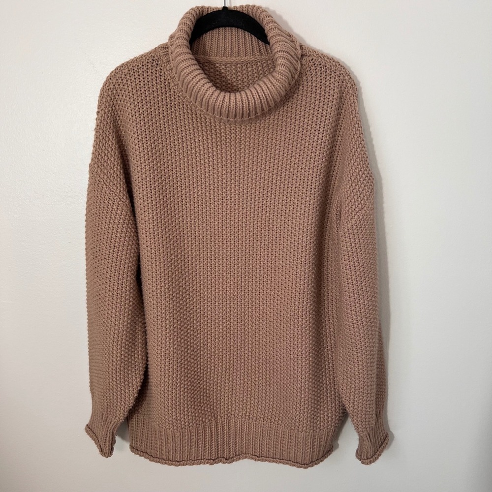 Womens Cozy Seed Stitch Turtleneck Sweater‎ in Mocha Ribbed Hems Winter Large